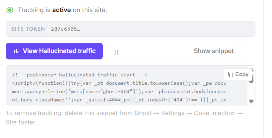 The Postmancer tracking panel showing tracking is active with a green indicator, a site token, a View hallucinated traffic button, and the beacon code snippet with a copy button