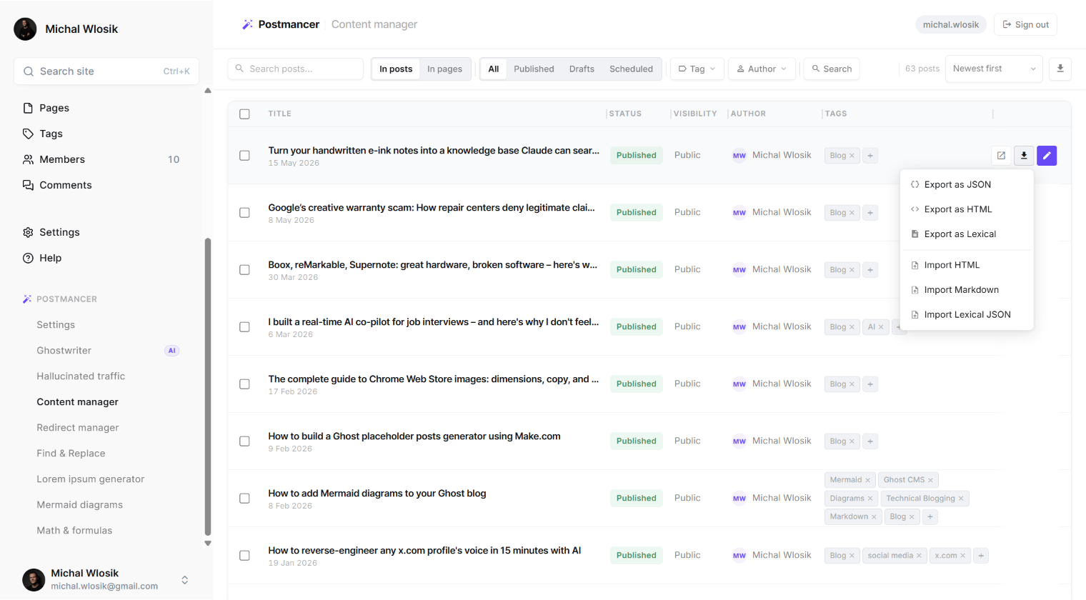 A list of all posts in a Ghost site shown inside the Postmancer content manager, with titles, dates, status, author and tags
